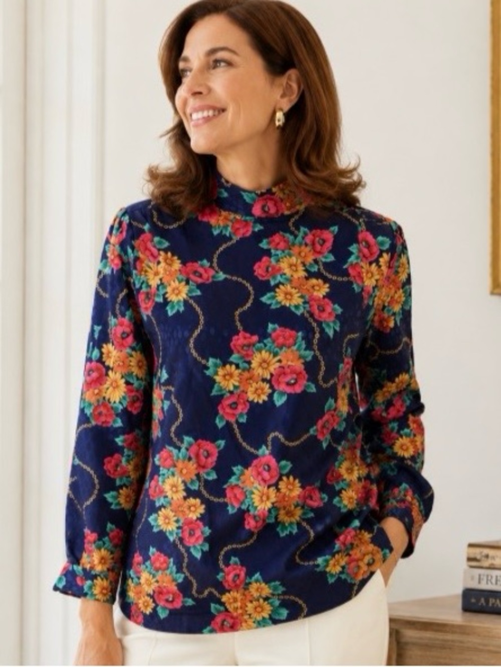Notations Petite Size 8 Blouse Mock Neck Navy Floral Chain Print VTG 80s 90s